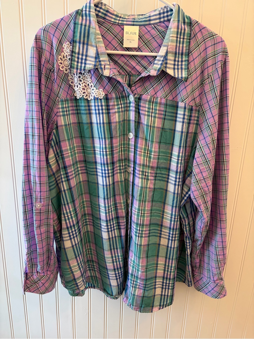 Blair Plaid Floral Appliqué Button-Up Shirt in Green & Purple
